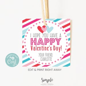 Printable Valentine's Day Kids Cards, Valentines Day Treat Bag Tags For Classroom Parties, Editable With Corjl, Instant Download Favor Tag