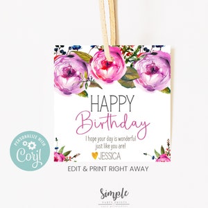 Druckbare alles Gute zum Geburtstag-Tag, Geburtstagsgeschenkideen für Freunde und Familie, bearbeitbare Geschenkanhänger, personalisiertes Aquarell Blumen-Tag, benutzerdefinierte Tags