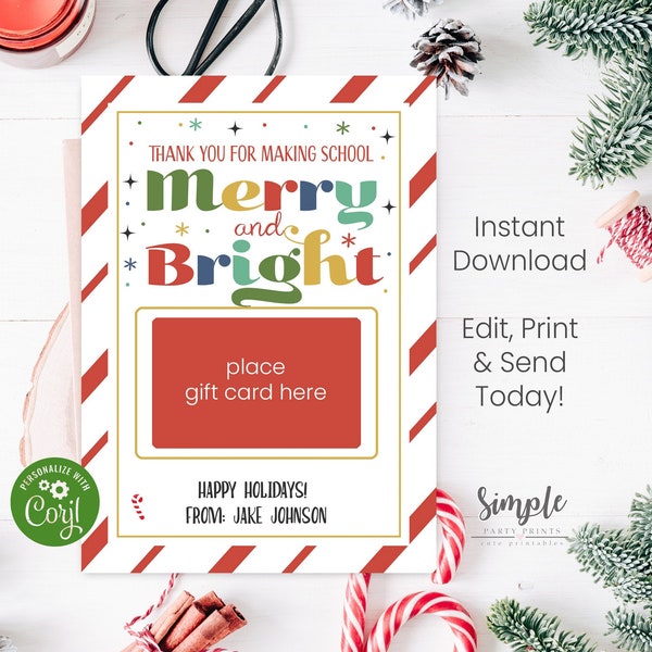 Editable Thank You for Making School Merry & Bright Printable Gift Card Holder for Teachers - Instant Holiday Gift Ideas for School Staff