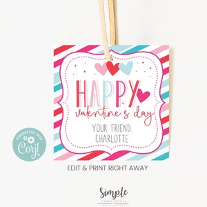 Druckbare Geschenkanhänger zum Valentinstag, Tags für Kollegen & Mitarbeiter, Leckereien für Freunde, Valentinstagskarten für die Klassenzimmerparty, bearbeitbar mit Corjl