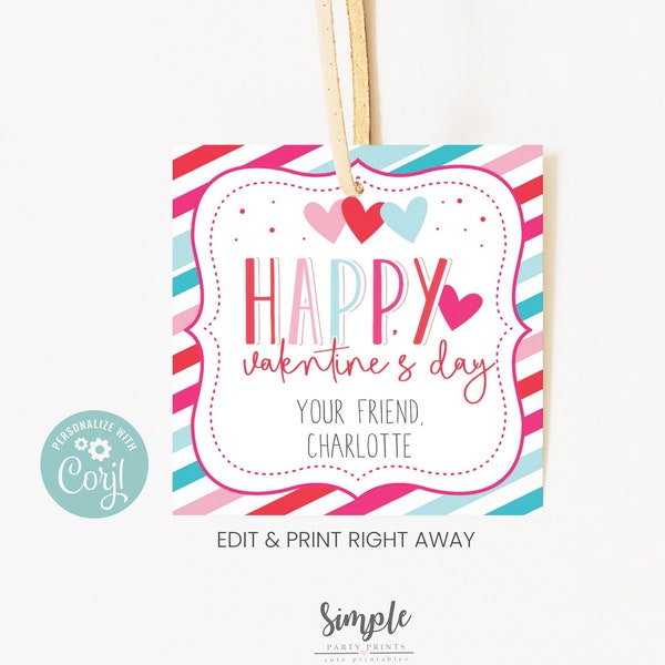 Printable Valentine's Day Gift Tags, Tags for Co-Workers & Staff, Treats For Friends, Classroom Party Valentine Cards, Editable with Corjl