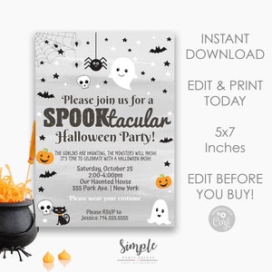 May include: A Halloween party invitation with a grey watercolour background. The invitation features a spider web, bats, stars, ghosts, and pumpkins. Text reads "SPOOKtacular Halloween Party!" and includes party details. The invitation is 12.7 x 17.8 cm.