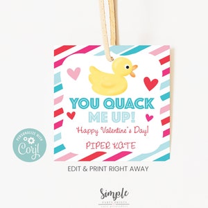 Cartes enfants Lucky Duck Saint-Valentin, cartes enfants Saint-Valentin, étiquette canard en caoutchouc, étiquettes Saint-Valentin roses rouges, vous me couacez, étiquette imprimable