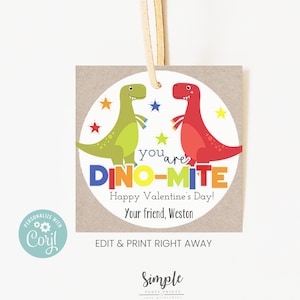 Druckbare Valentinstag Sie sind Dino-Mite Kinderkarten, Dinosaurier Valentinstag Tags für Klassenzimmer-Partys, bearbeitbar mit Corjl, Instant