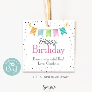 Afdrukbare eenvoudige Happy Birthday Tag, bewerkbare cadeaulabels voor familie en vrienden, gepersonaliseerde Polka Dot Favor Tag, Instant Download, Corjl