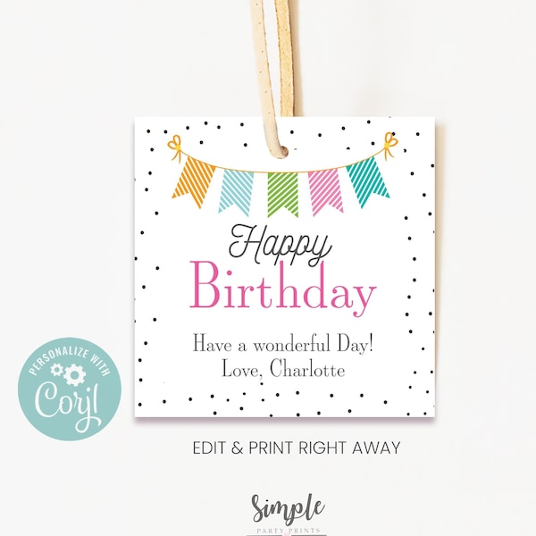 Printable Simple Happy Birthday Tag, Editable Gift Tags For Family & Friends, Personalized Polka Dot Favor Tag, Instant Download, Corjl