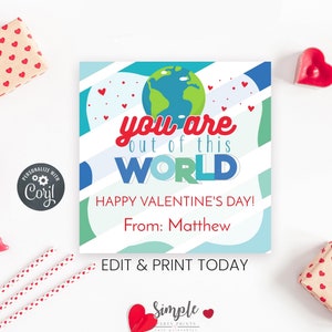 Etiquetas imprimibles del Día de San Valentín fuera de este mundo, tarjetas de intercambio de aula para niños, San Valentín sin dulces, editables con Corjl, instantáneas