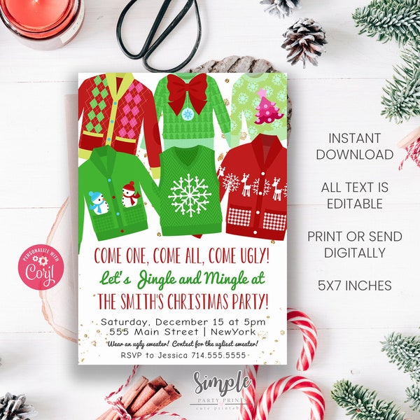 Ugly Sweater Party Invitation, Holiday Party Invitations, Editable Printable Invites, Christmas Party Invite, Corjl Digital Download