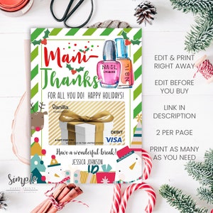 Printable Holiday Manicure Christmas Gift Card Holder, Editable Thank You Holiday Gift Card Holder, Christmas Gifts for Teachers,  PTA PTO