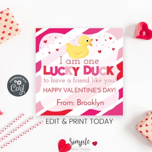 Etiquetas imprimibles del día de San Valentín del Lucky Duck, tarjetas de intercambio en el aula para niños, San Valentín sin dulces, editables con Corjl, descarga instantánea