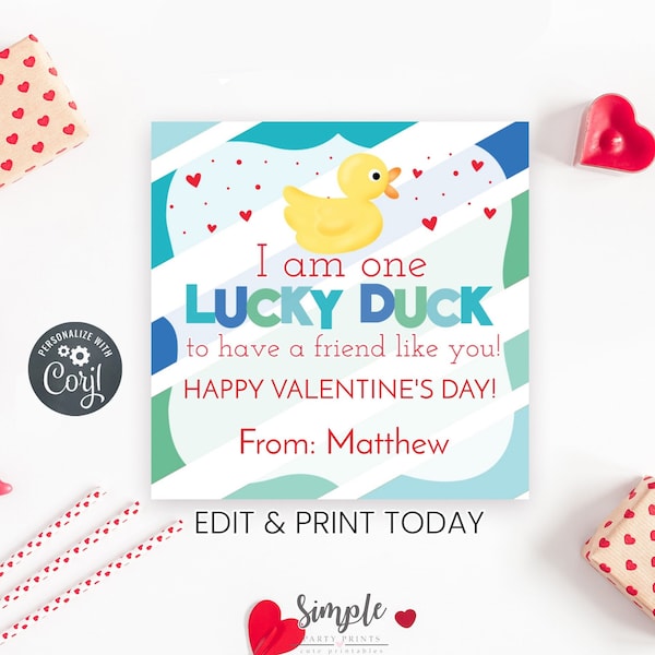 Printable Lucky Duck Valentine's Day Tags, Classroom Exchange Cards for Kids, Non-Candy Valentine, Editable With Corjl, Instant Download