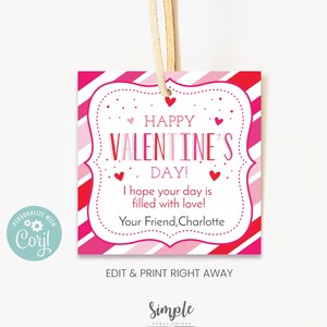 Étiquettes-cadeaux imprimables de la Saint-Valentin, cartes de friandises de la Saint-Valentin pour le personnel des collègues de travail, étiquette de la Saint-Valentin modifiable simple avec Corjl