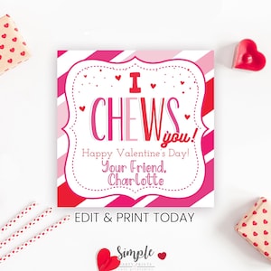 Imprimable Saint-Valentin, je vous mâche des étiquettes pour les enfants de la classe, fête d'échange de la Saint-Valentin, téléchargement immédiat, cartes modifiables avec Corjl