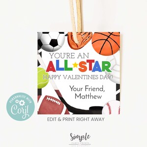 Druckbare Sport-Valentinstag-Kinderkarten, Valentinstags-Tag, All-Star-Kartenetikett, Klassenzimmerparty, bearbeitbar mit Corjl, sofort-Download