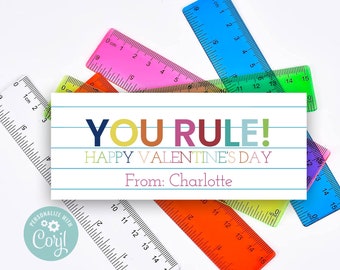 Printable Valentine's Day You Rule Cards for Classroom Parties, Non Candy Treats For Friends, Ruler Valentine Cards, Editable with Corjl