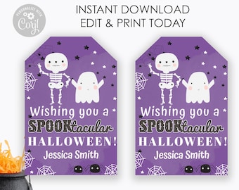 May include: Purple printable Halloween gift tags with a skeleton and ghost illustration. The text reads "Wishing you a SPOOKtacular HALLOWEEN! Jessica Smith".