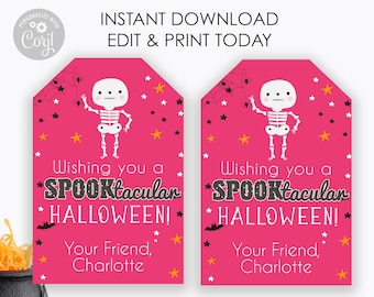 以下が含まれることがあります： スケルトンイラストと「Wishing you a SPOOKtacular HALLOWEEN! Your Friend, Charlotte」というテキストが書かれた、ピンク色の印刷可能なハロウィンギフトタグ2枚。