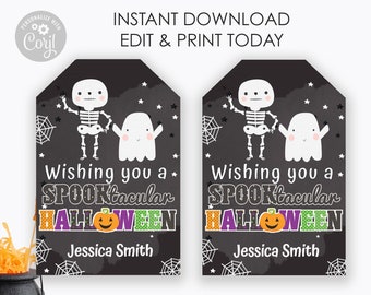 May include: Two printable Halloween gift tags with a black chalkboard background. The tags feature a skeleton and ghost with the text "Wishing you a SPOOKtacular HALLOWEEN" and a space for a name.