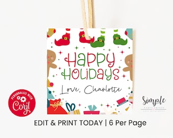 May include: A white gift tag with a red and green Christmas theme. The tag features elves' legs, gingerbread men, presents, and stars. The text on the tag reads "Happy Holidays" and "Love, Charlotte".