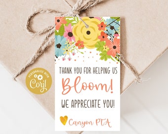 Printable Floral Thank You Tags, Teacher Appreciation Favor Tag, Thanks for helping us bloom, Editable with Corjl, Gifts for Volunteers