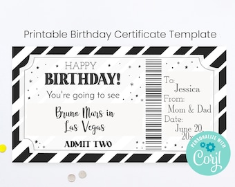 Printable Happy Birthday Concert Ticket Template, Show Certificate gift,  Bday Gifts, Personalized Gifts, INSTANT DOWNLOAD text EDITABLE
