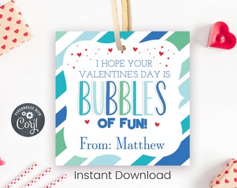 Printable Bubbles of Fun Valentine's Day Tags, Classroom Exchange Cards for Kids, Non-Candy Valentine, Editable With Corjl, Instant Download