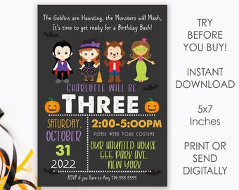Editable Halloween Birthday Invitation, Kids Halloween Birthday, Printable Halloween Birthday Bash Invite, Costume Dress up Party, Instant