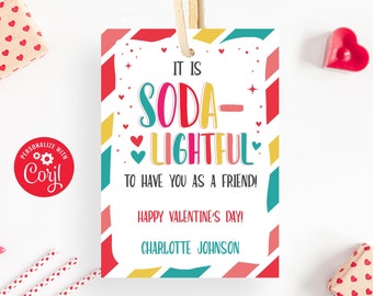 Tags imprimables pour les sodas de la Saint-Valentin, modifiables sodas légers pour la Saint-Valentin, Tags personnalisés pour les clients professionnels, collègues et amis, Corjl Modifier
