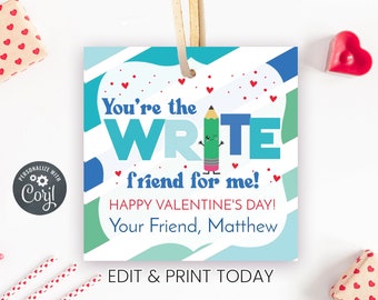 Printable Pencil Valentine's Day Gift Tag for Kids, Non Candy Valentine, Classroom Valentine Exchange, Editable Corjl Gift Tag
