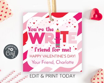 Printable Pencil Valentine's Day Gift Tag for Kids, Non Candy Valentine, Classroom Valentine Exchange, Editable Corjl Gift Tag
