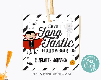 May include: A printable Halloween tag with a black and white striped background. The tag features a cartoon vampire with a red cape and the text "Have a Fang Tastic Halloween!"  The tag also includes a pumpkin and a skeleton. The text "Charlotte Johnson" is printed below the greeting. The tag is designed to be personalized with the name of the recipient.