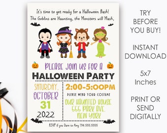 May include: A Halloween party invitation with a purple, orange, and yellow color scheme. The invitation features a cartoon vampire, witch, werewolf, and mermaid. The text reads "Please join us for a Halloween Party, Saturday, October 31, 2022, 2:00-5:00PM, Please wear your costume, Our Haunted House, 555 Park Ave, New York, RSVP if you Dare to Amy 714.555.5555".