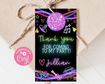 Glow Party Printable Thank You Tags Editable Neon Birthday Favor Tag Glow Stick Label Disco Ball Tag Neon Bright Tags Instant Download