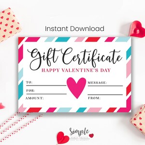 Printable Valentine's Day Gift Certificate Template, Simple Heart Gift ...
