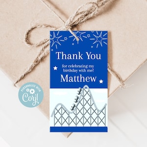 Roller Coaster Tag | Editable Thank You Gift Label | Birthday Party Favors | Printable Custom Amusement Park Favors | Personalized Corjl Tag