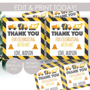 May include: Four printable thank you cards with a construction theme. The cards feature yellow and black stripes, a yellow construction cone, and three construction vehicles: a dump truck, a cement mixer, and an excavator. The text on the cards reads "Thank you for celebrating with me! Love, Hudson".
