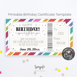 Bearbeitbarer Geburtstagsgeschenkgutschein, druckbare Bday-Zertifikatvorlage, benutzerdefinierte Geschenkideen für Teenager, Geschenke für Jugendliche, Geldhalter V5