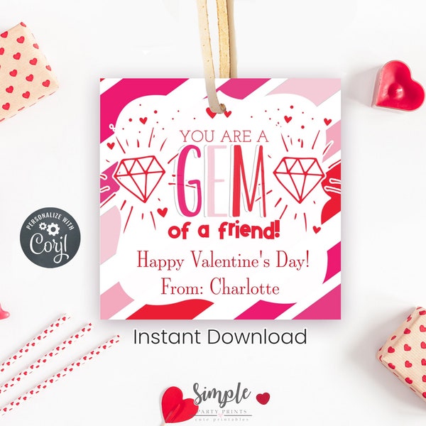 Printable Ring Pop Valentine's Day Gift Tags, Classroom Exchange Cards for Kids, Gem Friend Valentine, Editable With Corjl, Instant Download