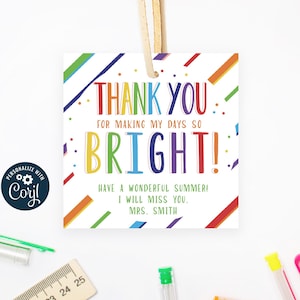 Afdrukbaar bedankje voor het zo helder maken van My Days, gepersonaliseerde cadeaus voor studenten en docenten, regenboog bedankt, bewerkbaar met Corjl