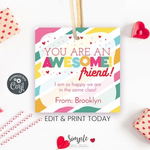 Printable Bright Colorful Valentine&#39;s Day Gift Tag for Kids, Non Candy Valentine, Classroom Valentine Exchange, Editable Corjl Gift Tag