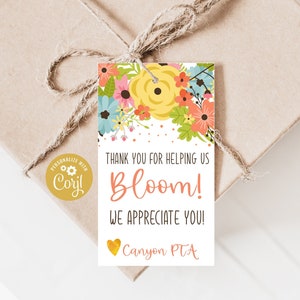 Printable Floral Thank You Tags, Teacher Appreciation Favor Tag, Thanks for helping us bloom, Editable with Corjl, Gifts for Volunteers