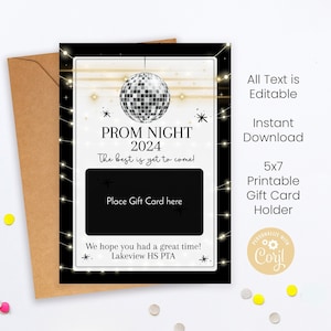 Afdrukbare Prom Night 2024 Gift Card houder, bewerkbare middelbare school dansgeschenken, student waardering Giftcard houders, Instant Download, DIY