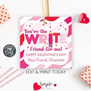 Printable Pencil Valentine's Day Gift Tag for Kids, Non Candy Valentine, Classroom Valentine Exchange, Editable Corjl Gift Tag