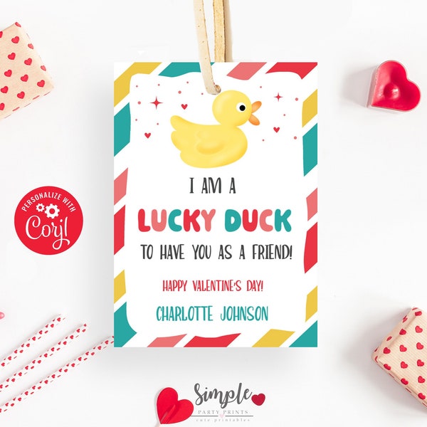 Printable Lucky Duck Valentine's Day Tags, Classroom Exchange Cards for Kids, Non-Candy Valentine, Editable With Corjl, Instant Download