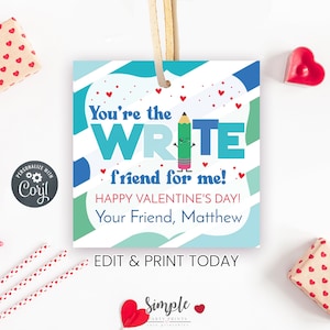 Printable Pencil Valentine&#39;s Day Gift Tag for Kids, Non Candy Valentine, Classroom Valentine Exchange, Editable Corjl Gift Tag