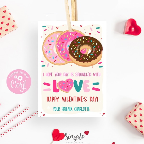 Printable I Hope Your Day is Sprinkled With Love Valentine's Day Card, Editable Classroom Kids Exchange Tags, Donut Valentine Label, Corjl