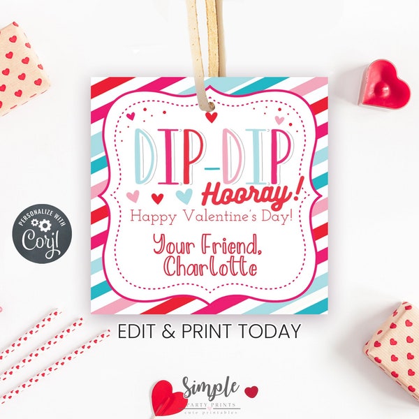 Printable Valentine's Day Fun Dip Candy Tags for Kids Classroom Valentine Exchange Party, Instant Download, Editable Cards with Corjl