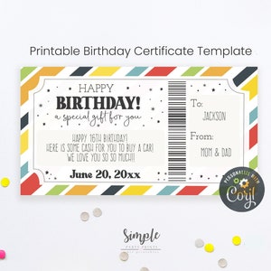 Bearbeitbarer Geburtstagsgeschenkgutschein, druckbare Bday-Zertifikatvorlage, benutzerdefinierte Geschenkideen für Teenager, Geschenke für Jugendliche, Geldhalter V5