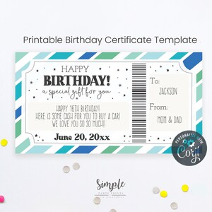 Bearbeitbarer Geburtstagsgeschenkgutschein, druckbare Bday-Zertifikatvorlage, benutzerdefinierte Geschenkideen für Teenager, Geschenke für Jugendliche, Geldhalter V5