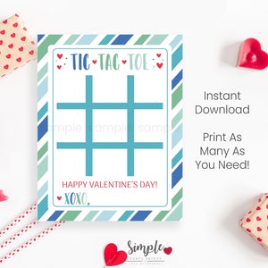 Tarjetas para niños del Día de San Valentín con tres en raya, tarjetas de intercambio para niños del Día de San Valentín, etiquetas de San Valentín con tres en raya azules y verdes, etiquetas imprimibles para tres en raya